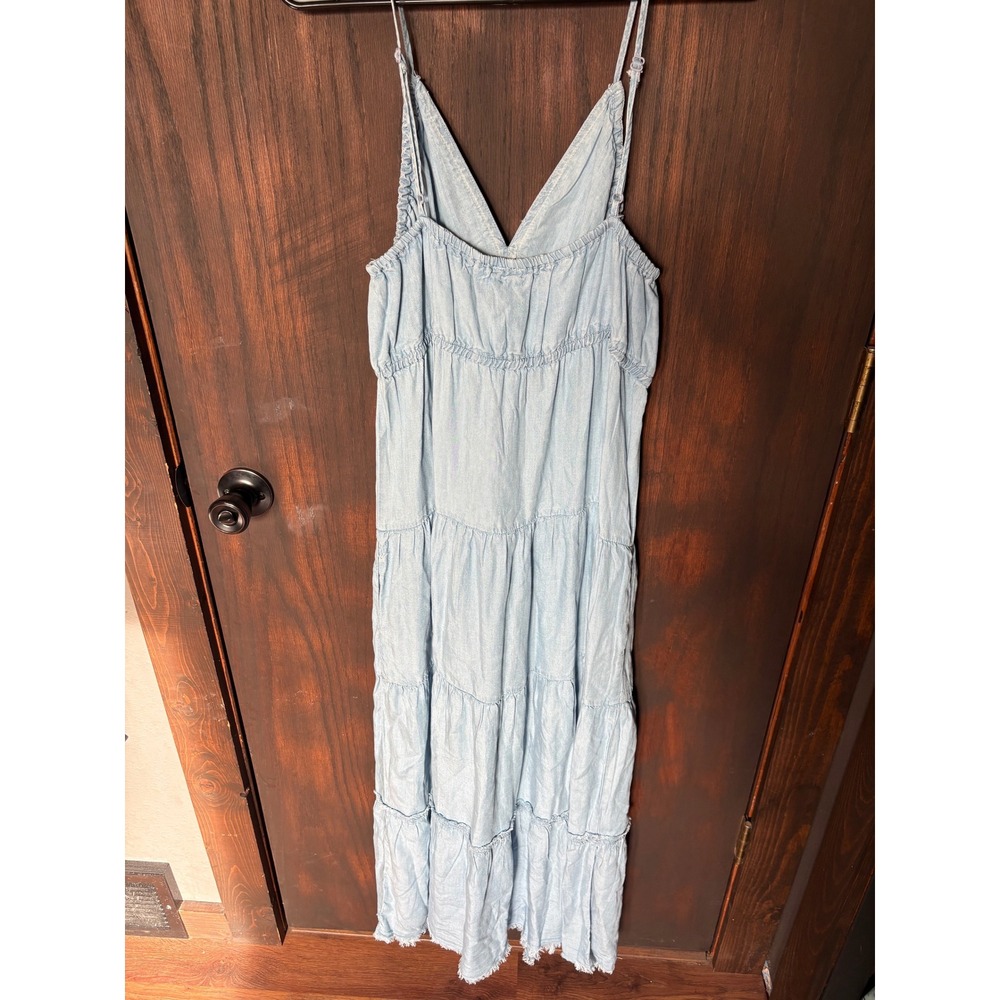 KUT from the Kloth Blue Tencel Tiered Maxi Dress Light Wash Raw Hem Medium - Picture 2 of 5